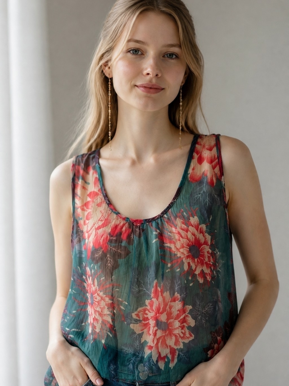 envy Floral Sheer High-Low Scoop Tank - Teal & Coral Top